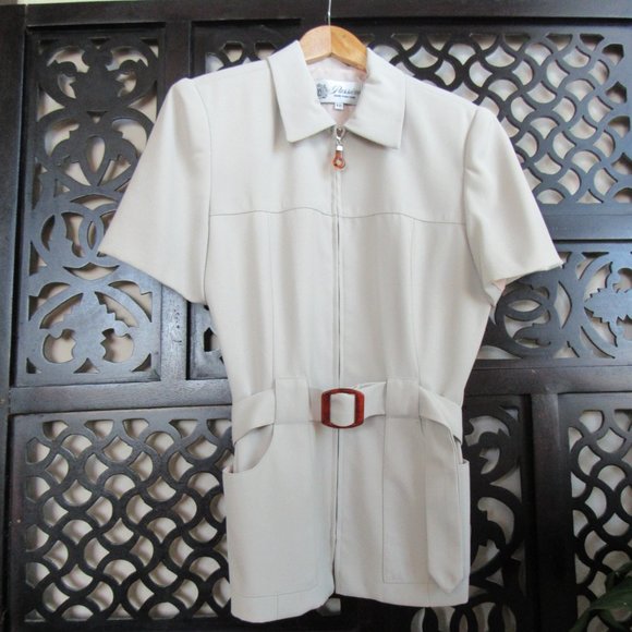 VINTAGE 90s DESIGNER FASHION BELTED ZIP TOP SUIT BLAZER Tortoise Accents Size-12 - Picture 12 of 12